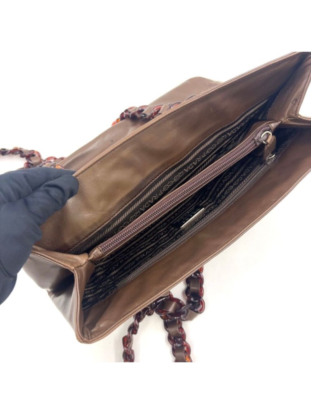 Prada Tortoiseshell Chain Leather Brown Shoulder Bag Silver - Picture 10 of 15